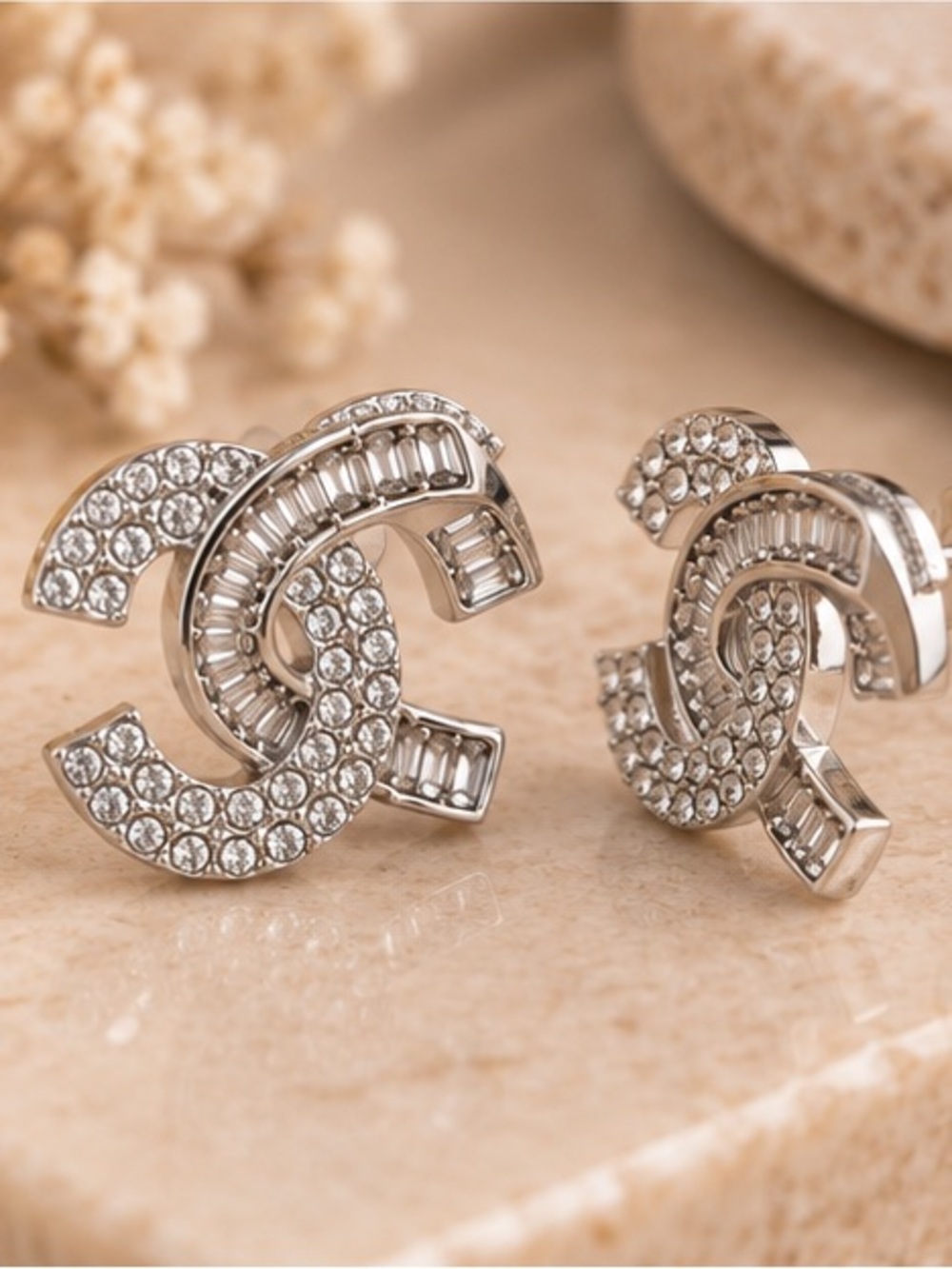Crystal Interlocking Logo Stud Earrings - Silver Designer Inspired